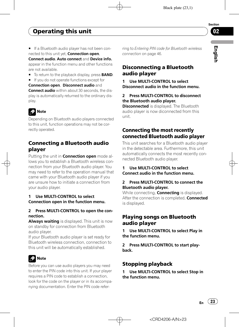 Connecting a bluetooth audio, Player, Disconnecting a bluetooth audio | Connecting the most recently, Connected bluetooth audio player, Playing songs on bluetooth audio, Stopping playback 23, Operating this unit, Connecting a bluetooth audio player, Disconnecting a bluetooth audio player | Pioneer Super Tuner III D DEH-P8950BT User Manual | Page 23 / 204