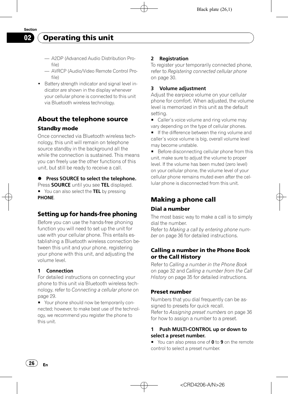 About the telephone source 26, Setting up for hands-free phoning 26, Making a phone call 26 | Operating this unit, About the telephone source, Setting up for hands-free phoning, Making a phone call | Pioneer Super Tuner III D DEH-P8950BT User Manual | Page 26 / 204