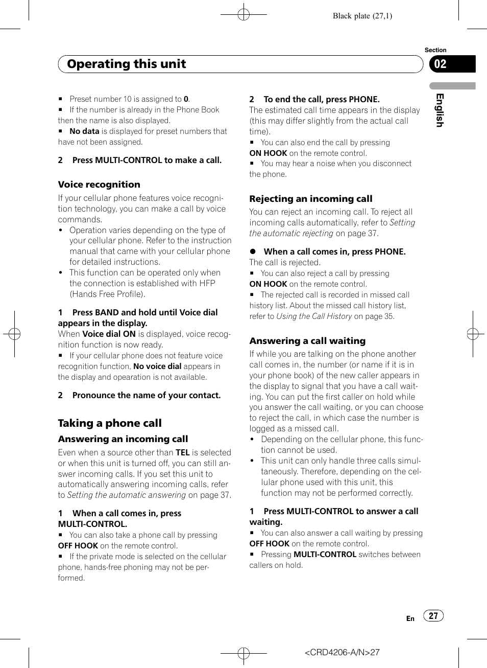 Taking a phone call 27, Operating this unit, Taking a phone call | Pioneer Super Tuner III D DEH-P8950BT User Manual | Page 27 / 204