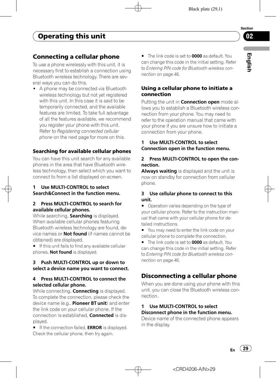 Connecting a cellular phone 29, Disconnecting a cellular phone 29, Operating this unit | Connecting a cellular phone, Disconnecting a cellular phone | Pioneer Super Tuner III D DEH-P8950BT User Manual | Page 29 / 204
