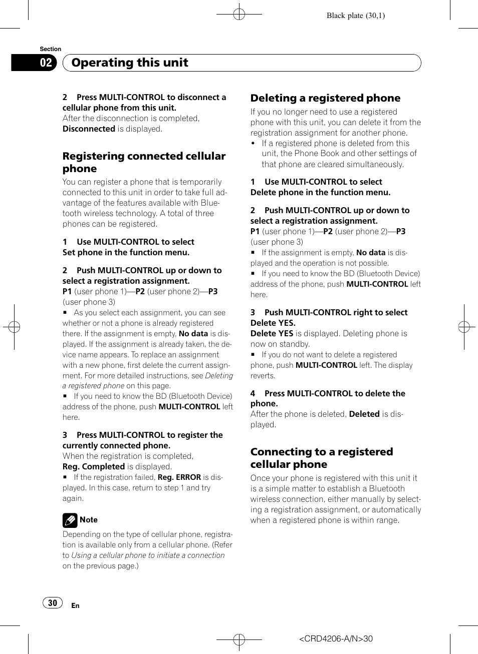 Registering connected cellular, Phone, Deleting a registered phone 30 | Connecting to a registered cellular, Operating this unit, Registering connected cellular phone, Deleting a registered phone, Connecting to a registered cellular phone | Pioneer Super Tuner III D DEH-P8950BT User Manual | Page 30 / 204