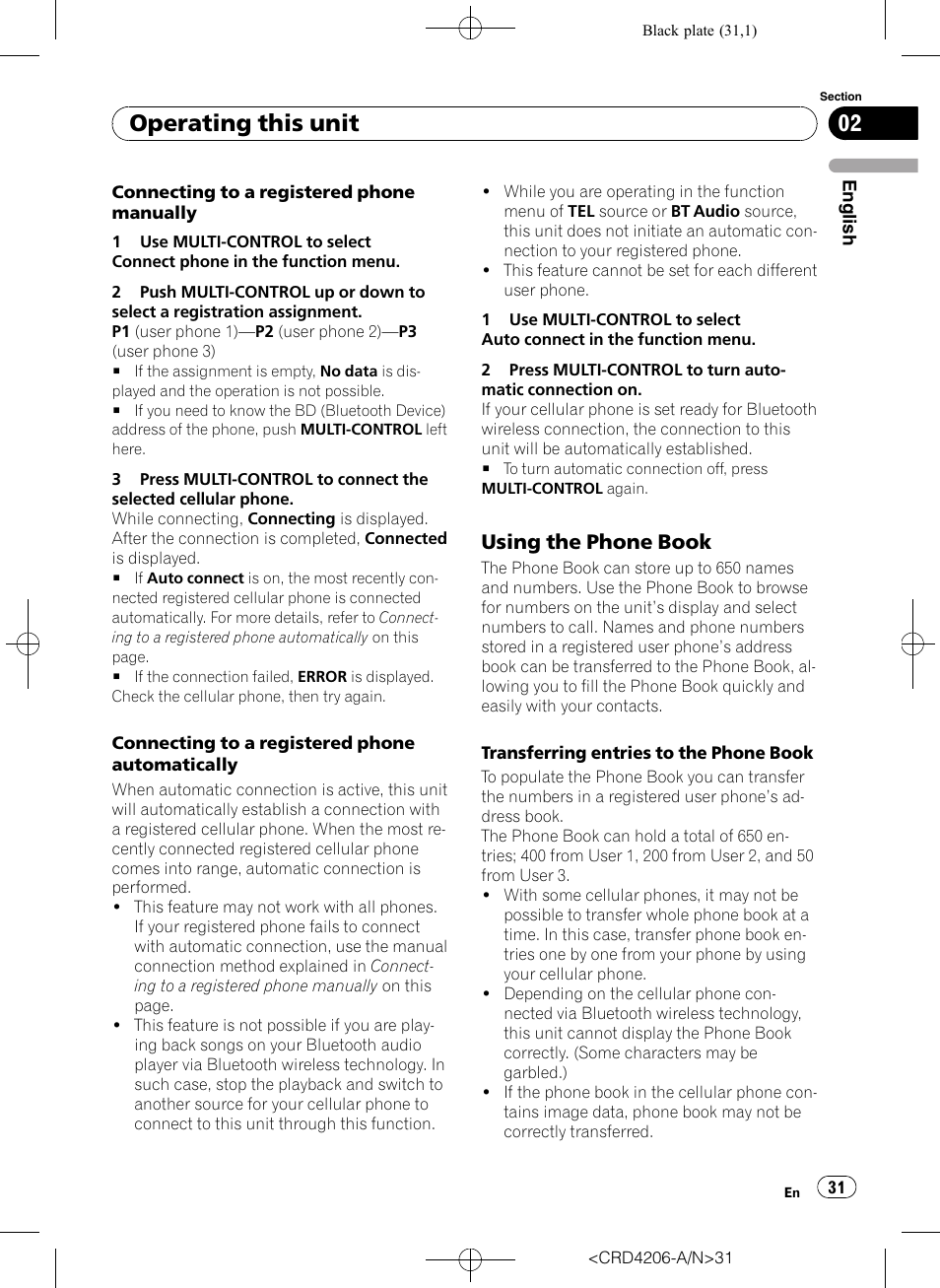 Using the phone book 31, Operating this unit, Using the phone book | Pioneer Super Tuner III D DEH-P8950BT User Manual | Page 31 / 204