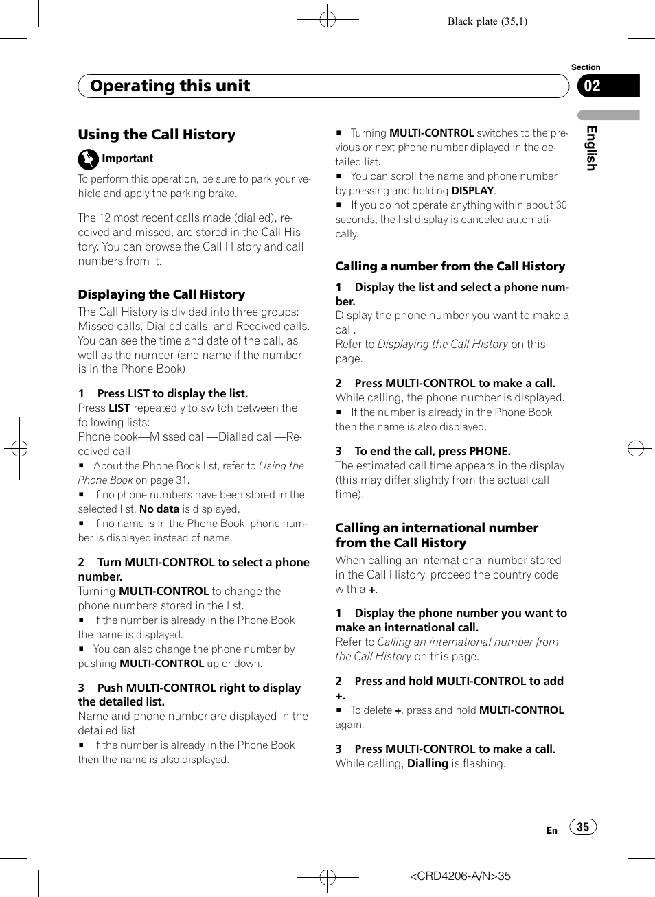 Using the call history 35, Operating this unit, Using the call history | Pioneer Super Tuner III D DEH-P8950BT User Manual | Page 35 / 204
