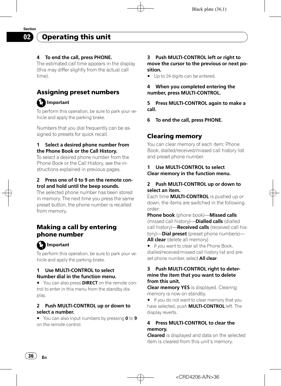 Assigning preset numbers 36, Making a call by entering phone, Number | Clearing memory 36, Operating this unit, Assigning preset numbers, Making a call by entering phone number | Pioneer Super Tuner III D DEH-P8950BT User Manual | Page 36 / 204