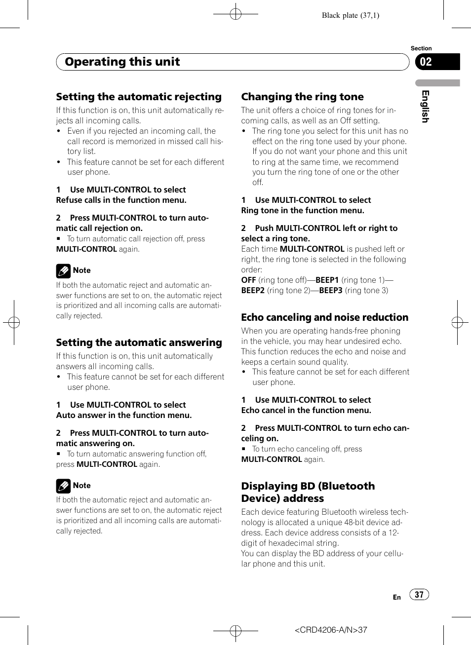 Setting the automatic rejecting 37, Setting the automatic answering 37, Changing the ring tone 37 | Echo canceling and noise, Reduction, Displaying bd (bluetooth device), Address, Operating this unit, Setting the automatic rejecting, Setting the automatic answering | Pioneer Super Tuner III D DEH-P8950BT User Manual | Page 37 / 204