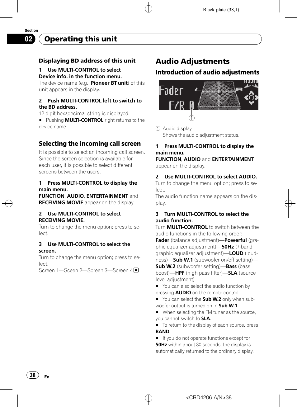 Selecting the incoming call screen 38, Audio adjustments, Introduction of audio adjustments 38 | Operating this unit, Selecting the incoming call screen, Introduction of audio adjustments 1 1 1 | Pioneer Super Tuner III D DEH-P8950BT User Manual | Page 38 / 204
