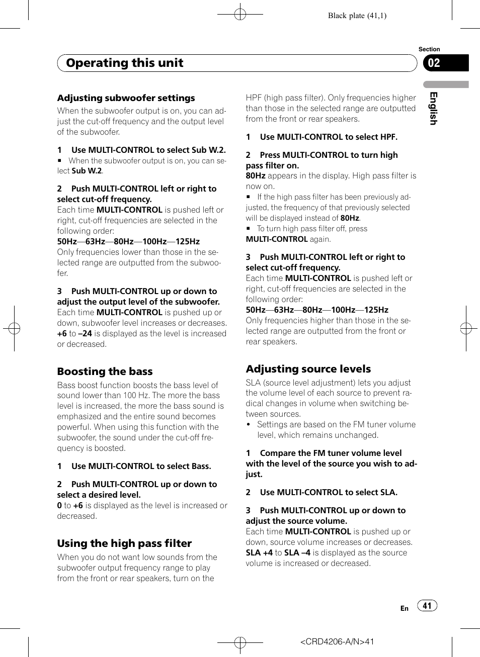 Boosting the bass 41, Using the high pass filter 41, Adjusting source levels 41 | Operating this unit, Boosting the bass, Using the high pass filter, Adjusting source levels | Pioneer Super Tuner III D DEH-P8950BT User Manual | Page 41 / 204