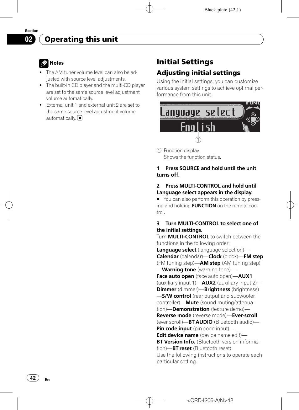 Initial settings, Adjusting initial settings 42, Operating this unit | Adjusting initial settings | Pioneer Super Tuner III D DEH-P8950BT User Manual | Page 42 / 204