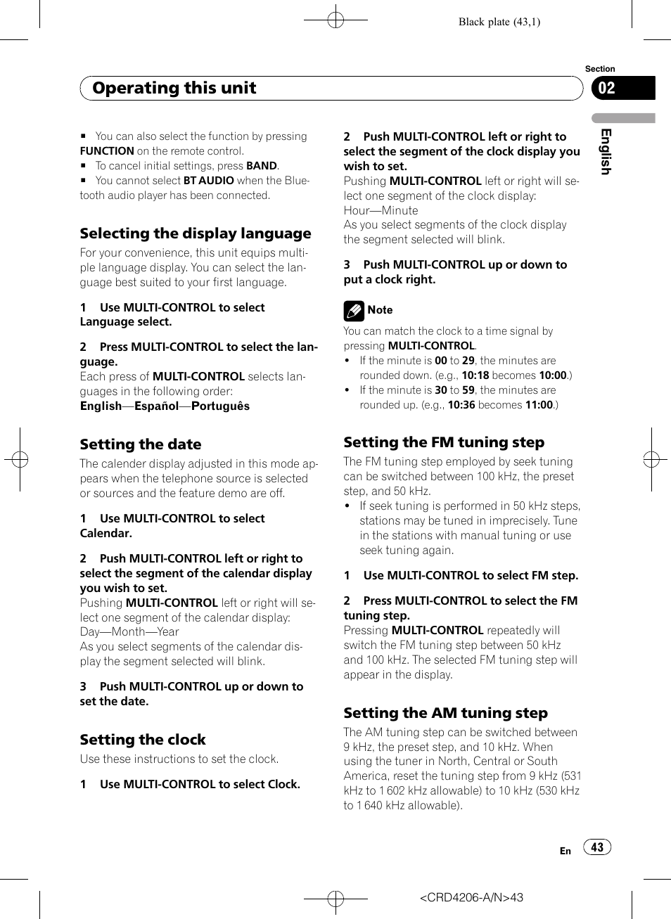 Selecting the display language 43, Setting the date 43, Setting the clock 43 | Setting the fm tuning step 43, Setting the am tuning step 43, Operating this unit, Selecting the display language, Setting the date, Setting the clock, Setting the fm tuning step | Pioneer Super Tuner III D DEH-P8950BT User Manual | Page 43 / 204