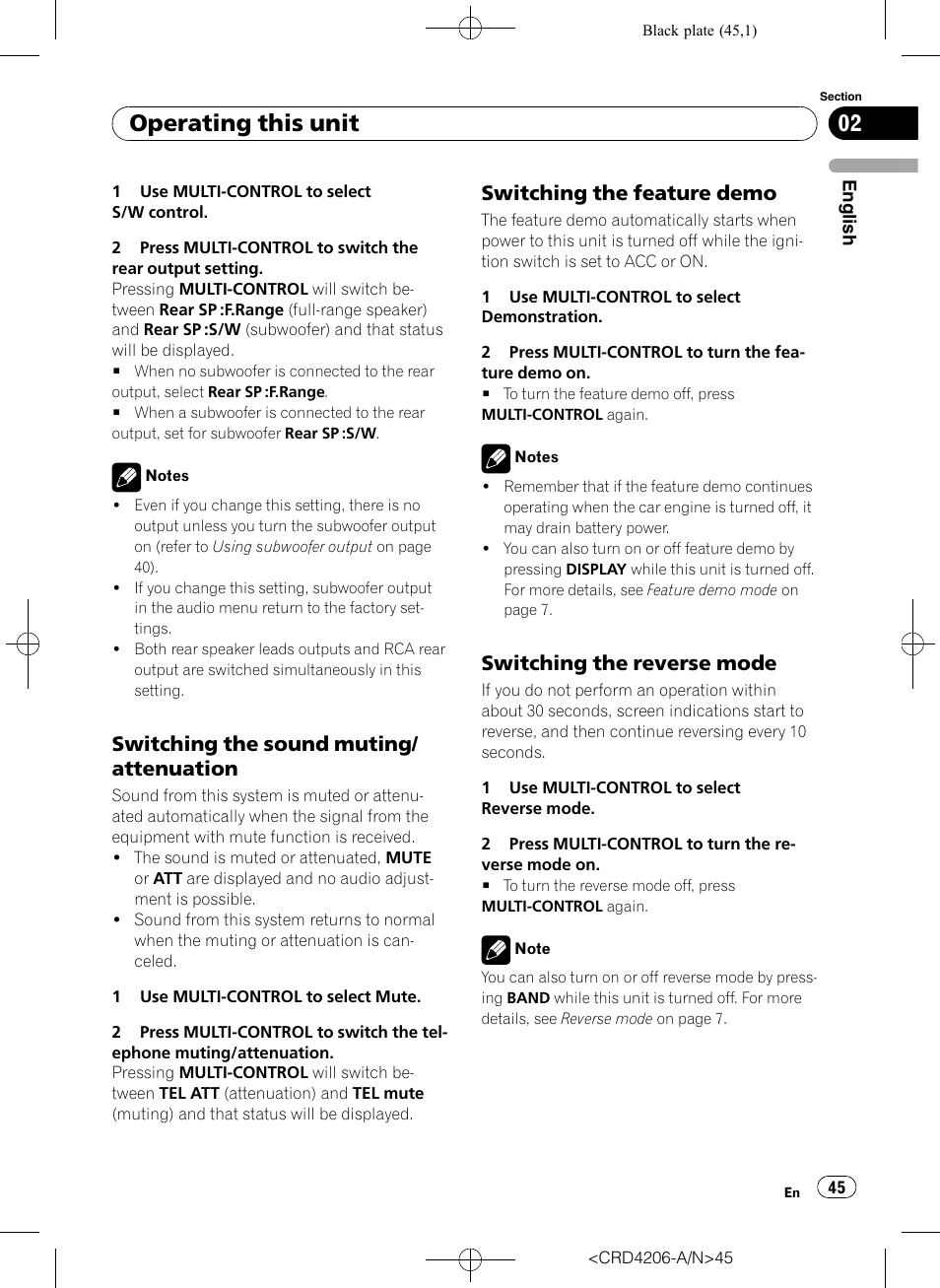 Switching the sound muting, Attenuation, Switching the feature demo 45 | Switching the reverse mode 45, Operating this unit, Switching the sound muting/ attenuation, Switching the feature demo, Switching the reverse mode | Pioneer Super Tuner III D DEH-P8950BT User Manual | Page 45 / 204