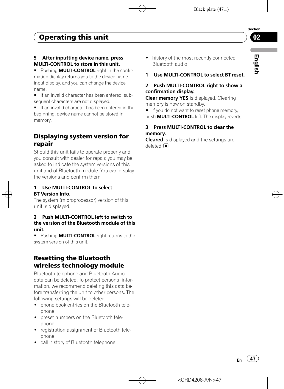 Displaying system version for, Repair, Resetting the bluetooth wireless | Technology module, Operating this unit, Displaying system version for repair, Resetting the bluetooth wireless technology module | Pioneer Super Tuner III D DEH-P8950BT User Manual | Page 47 / 204