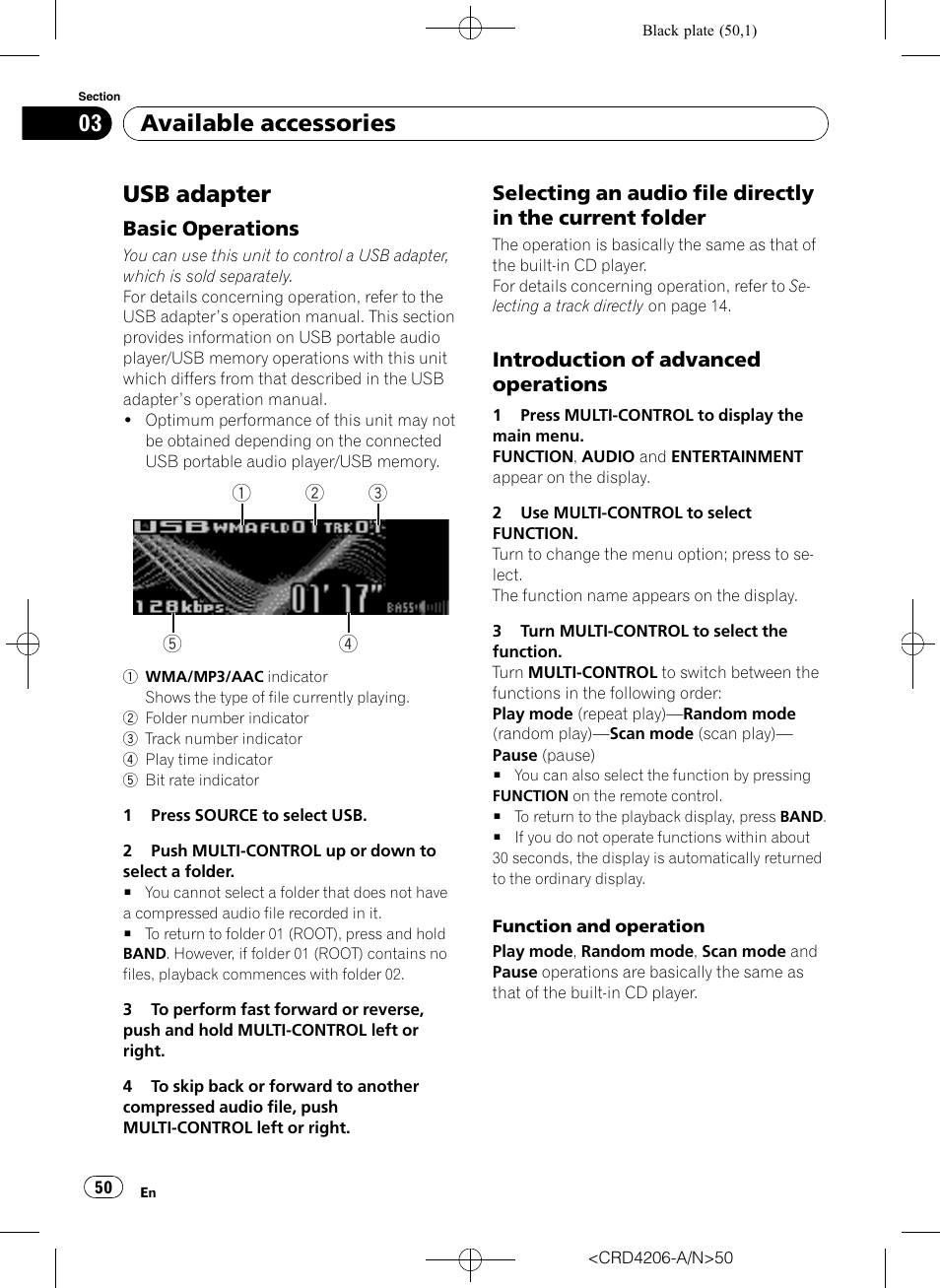 Available accessories usb adapter, Basic operations 50, Selecting an audio file directly in the | Current folder, Introduction of advanced, Operations, Usb adapter, Available accessories, Basic operations, Introduction of advanced operations | Pioneer Super Tuner III D DEH-P8950BT User Manual | Page 50 / 204