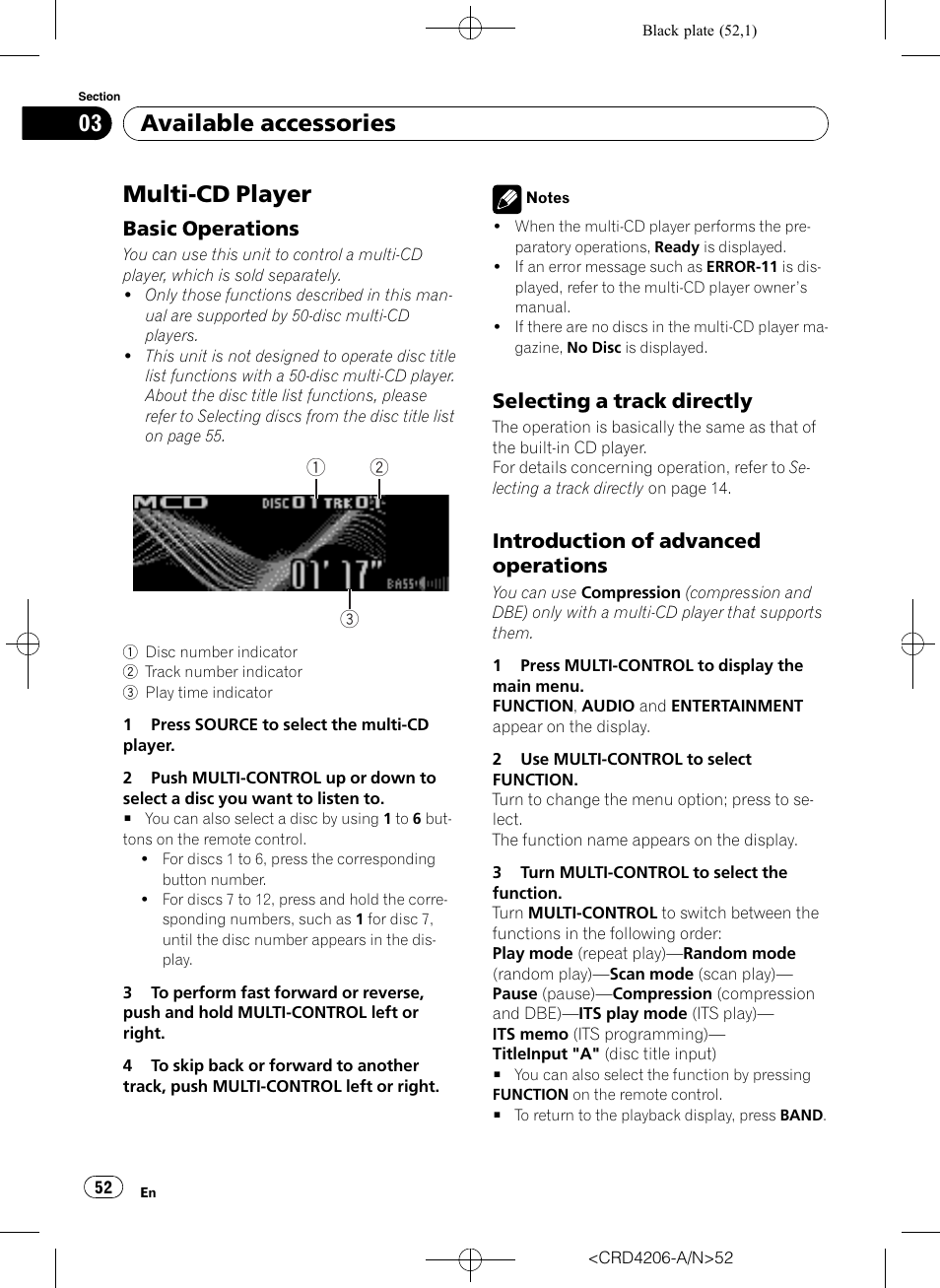 Multi-cd player, Basic operations 52, Selecting a track directly 52 | Introduction of advanced, Operations, Available accessories, Basic operations, Selecting a track directly, Introduction of advanced operations | Pioneer Super Tuner III D DEH-P8950BT User Manual | Page 52 / 204