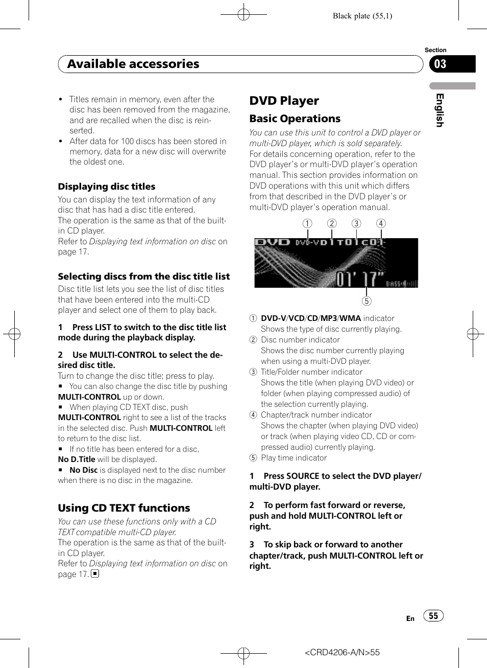 Using cd text functions 55, Dvd player, Basic operations 55 | Available accessories, Using cd text functions, Basic operations | Pioneer Super Tuner III D DEH-P8950BT User Manual | Page 55 / 204