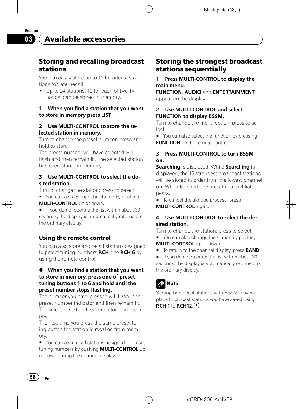 Storing and recalling broadcast, Stations, Storing the strongest broadcast | Stations sequentially, Available accessories, Storing and recalling broadcast stations | Pioneer Super Tuner III D DEH-P8950BT User Manual | Page 58 / 204