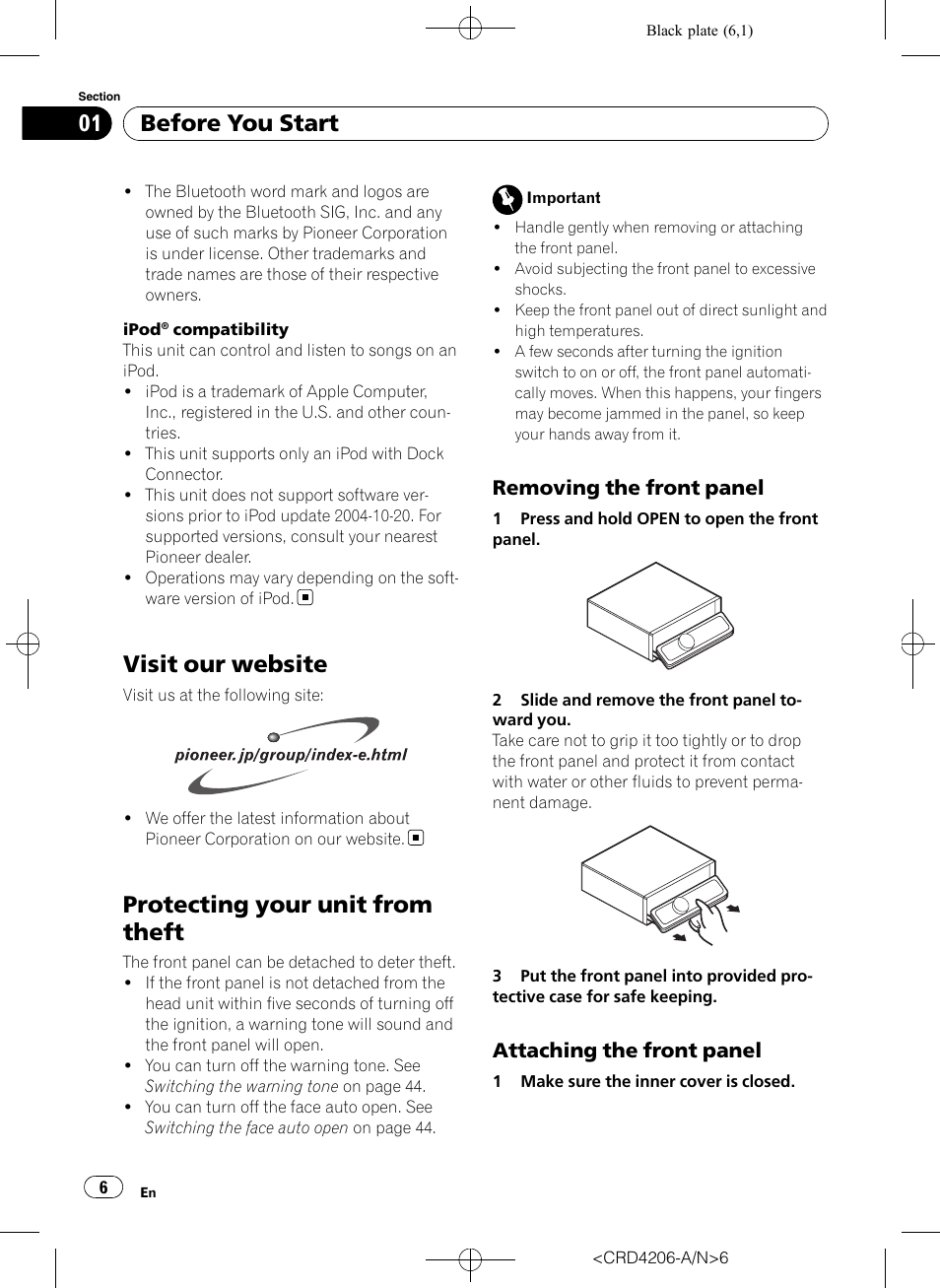 Visit our website, Protecting your unit from theft, Removing the front panel 6 | Attaching the front panel 6, Before you start, Removing the front panel, Attaching the front panel | Pioneer Super Tuner III D DEH-P8950BT User Manual | Page 6 / 204