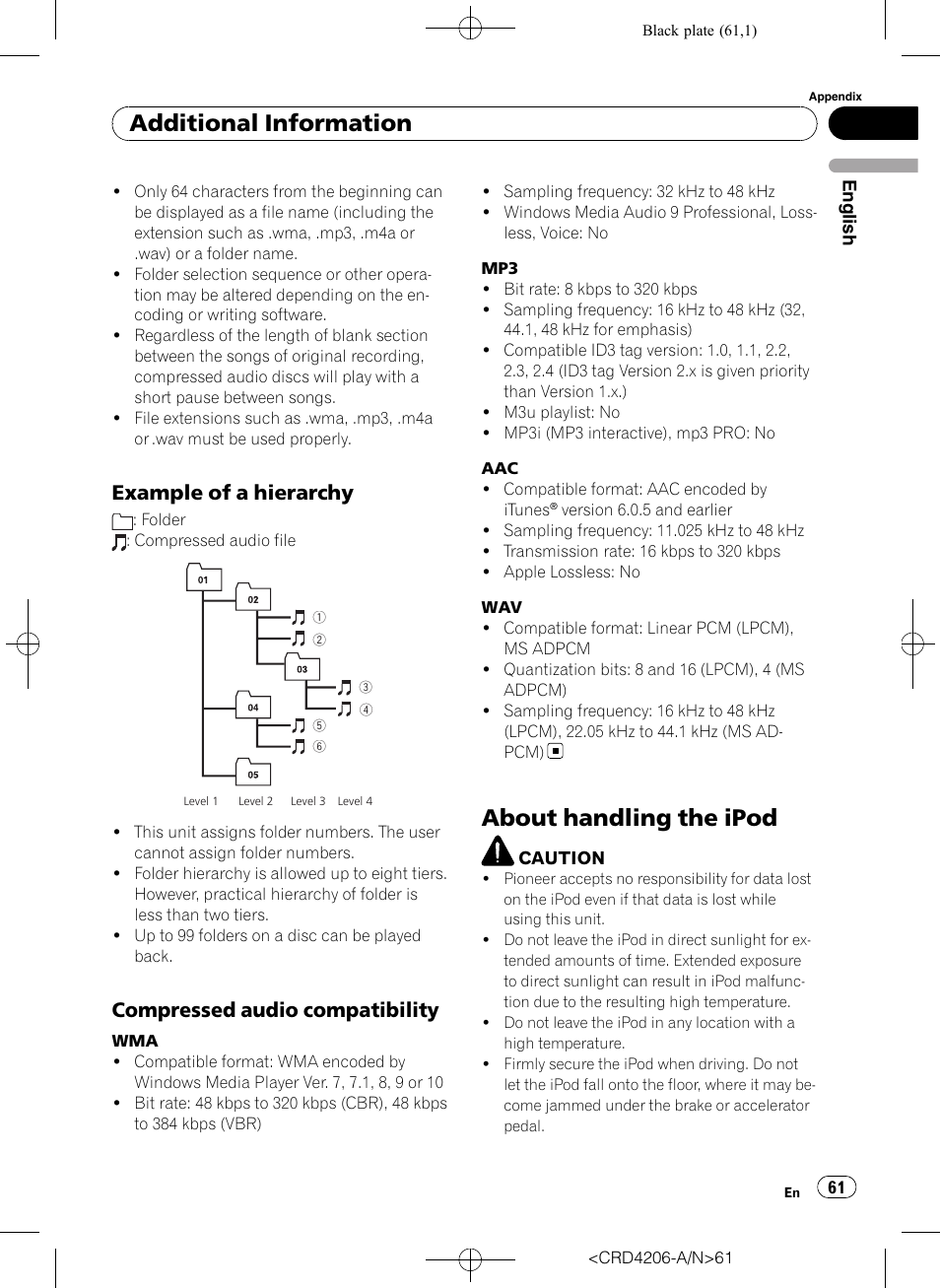 Example of a hierarchy 61, Compressed audio compatibility 61, About handling the ipod | Additional information, Example of a hierarchy, Compressed audio compatibility | Pioneer Super Tuner III D DEH-P8950BT User Manual | Page 61 / 204