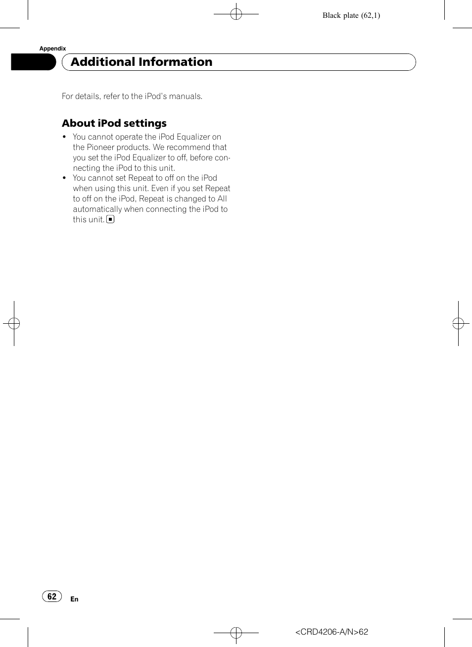 About ipod settings 62, Additional information, About ipod settings | Pioneer Super Tuner III D DEH-P8950BT User Manual | Page 62 / 204