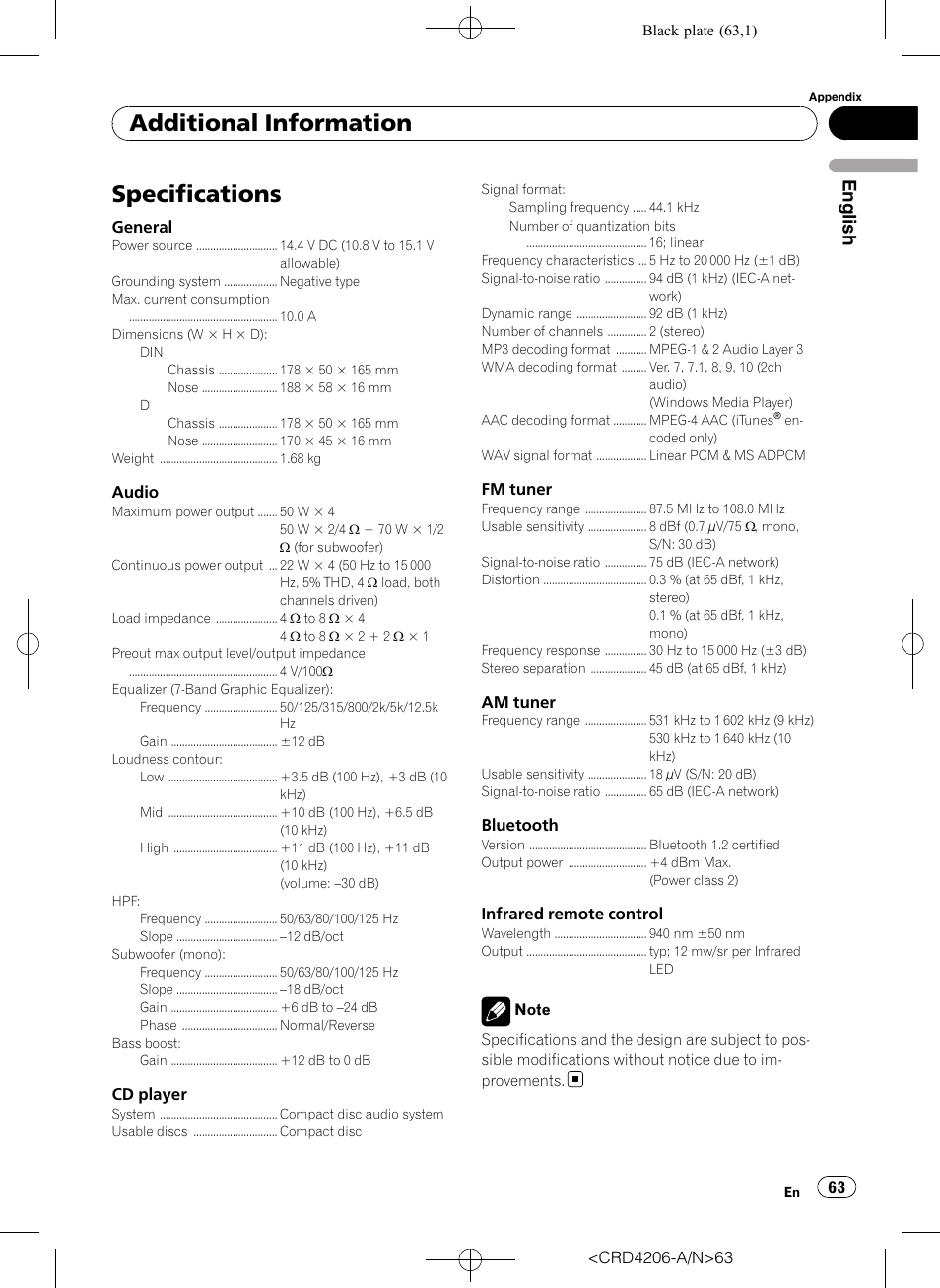 Specifications, Additional information, English | Pioneer Super Tuner III D DEH-P8950BT User Manual | Page 63 / 204