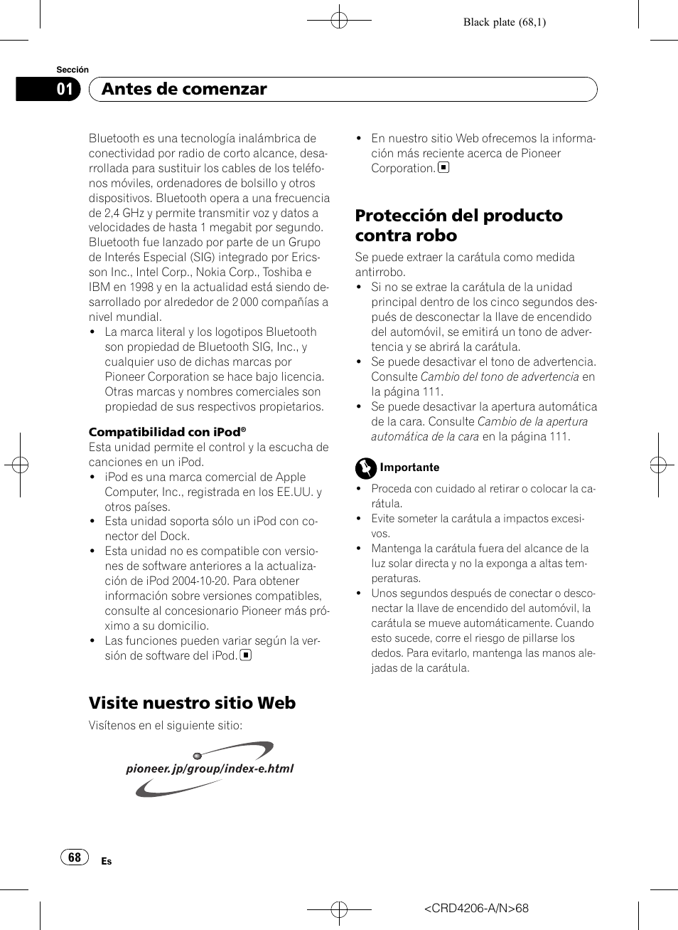 Visite nuestro sitio web, Protección del producto contra robo, Antes de comenzar | Pioneer Super Tuner III D DEH-P8950BT User Manual | Page 68 / 204