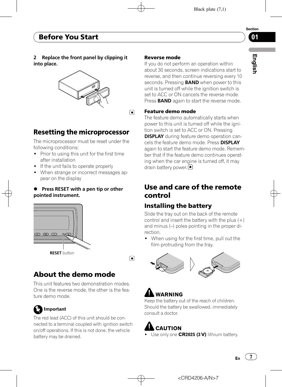 Resetting the microprocessor, About the demo mode, Use and care of the remote control | Installing the battery 7, Before you start | Pioneer Super Tuner III D DEH-P8950BT User Manual | Page 7 / 204