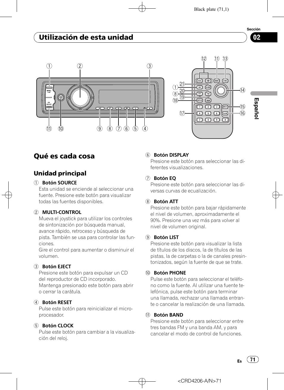 Utilización de esta unidad qué es cada cosa, Unidad principal 71, Qué es cada cosa | Utilización de esta unidad | Pioneer Super Tuner III D DEH-P8950BT User Manual | Page 71 / 204