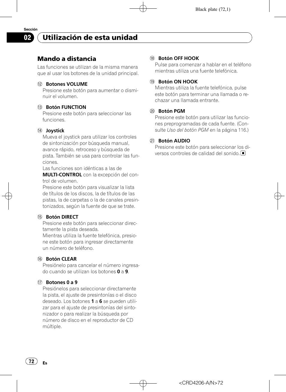 Mando a distancia 72, Utilización de esta unidad, Mando a distancia | Pioneer Super Tuner III D DEH-P8950BT User Manual | Page 72 / 204