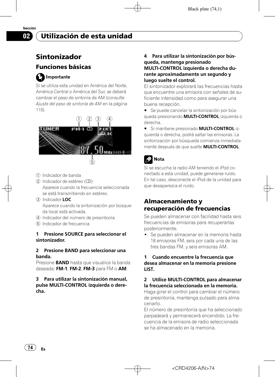 Sintonizador, Funciones básicas 74, Almacenamiento y recuperación de | Frecuencias, Utilización de esta unidad, Funciones básicas, Almacenamiento y recuperación de frecuencias | Pioneer Super Tuner III D DEH-P8950BT User Manual | Page 74 / 204
