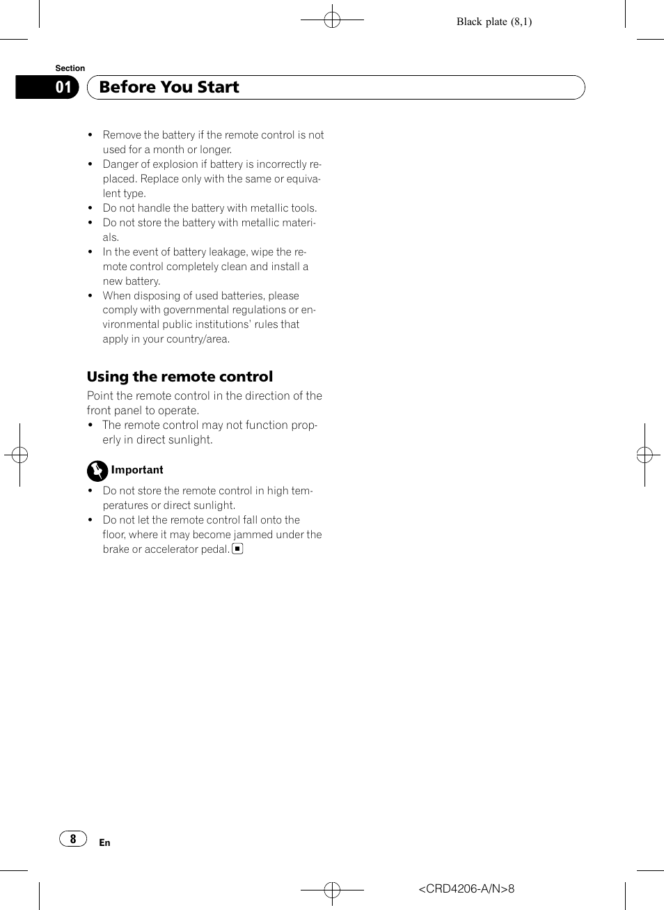 Using the remote control 8, Before you start, Using the remote control | Pioneer Super Tuner III D DEH-P8950BT User Manual | Page 8 / 204