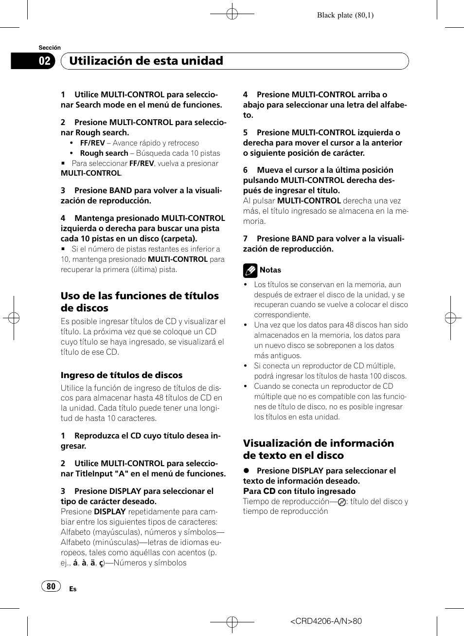 Uso de las funciones de títulos de, Discos, Visualización de información de texto | En el disco, Utilización de esta unidad, Uso de las funciones de títulos de discos, Visualización de información de texto en el disco | Pioneer Super Tuner III D DEH-P8950BT User Manual | Page 80 / 204