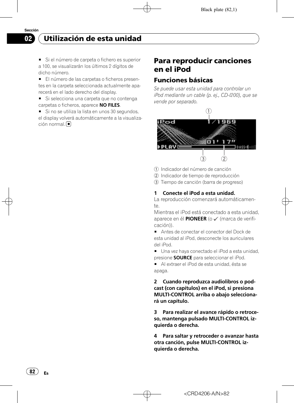 Para reproducir canciones en el ipod, Funciones básicas 82, Utilización de esta unidad | Funciones básicas | Pioneer Super Tuner III D DEH-P8950BT User Manual | Page 82 / 204