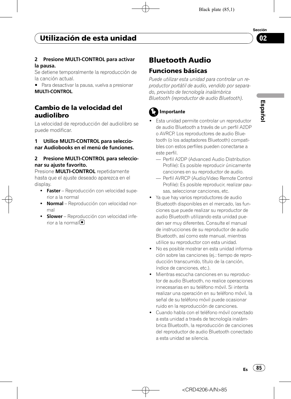 Cambio de la velocidad del, Audiolibro, Bluetooth audio | Funciones básicas 85, Utilización de esta unidad, Cambio de la velocidad del audiolibro, Funciones básicas | Pioneer Super Tuner III D DEH-P8950BT User Manual | Page 85 / 204