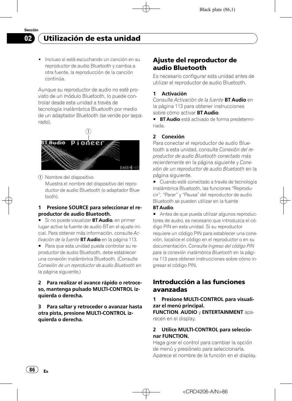 Ajuste del reproductor de audio, Bluetooth, Introducción a las funciones | Avanzadas, Utilización de esta unidad, Ajuste del reproductor de audio bluetooth, Introducción a las funciones avanzadas | Pioneer Super Tuner III D DEH-P8950BT User Manual | Page 86 / 204