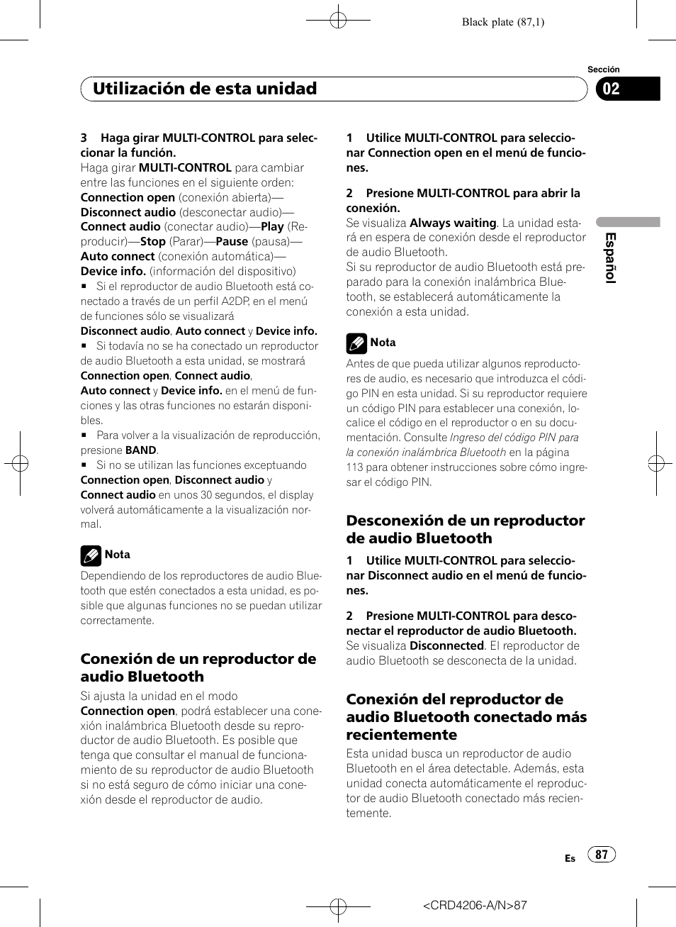 Conexión de un reproductor de audio, Bluetooth, Desconexión de un reproductor de | Audio bluetooth, Conexión del reproductor de audio, Bluetooth conectado más recientemente, Utilización de esta unidad, Conexión de un reproductor de audio bluetooth, Desconexión de un reproductor de audio bluetooth | Pioneer Super Tuner III D DEH-P8950BT User Manual | Page 87 / 204