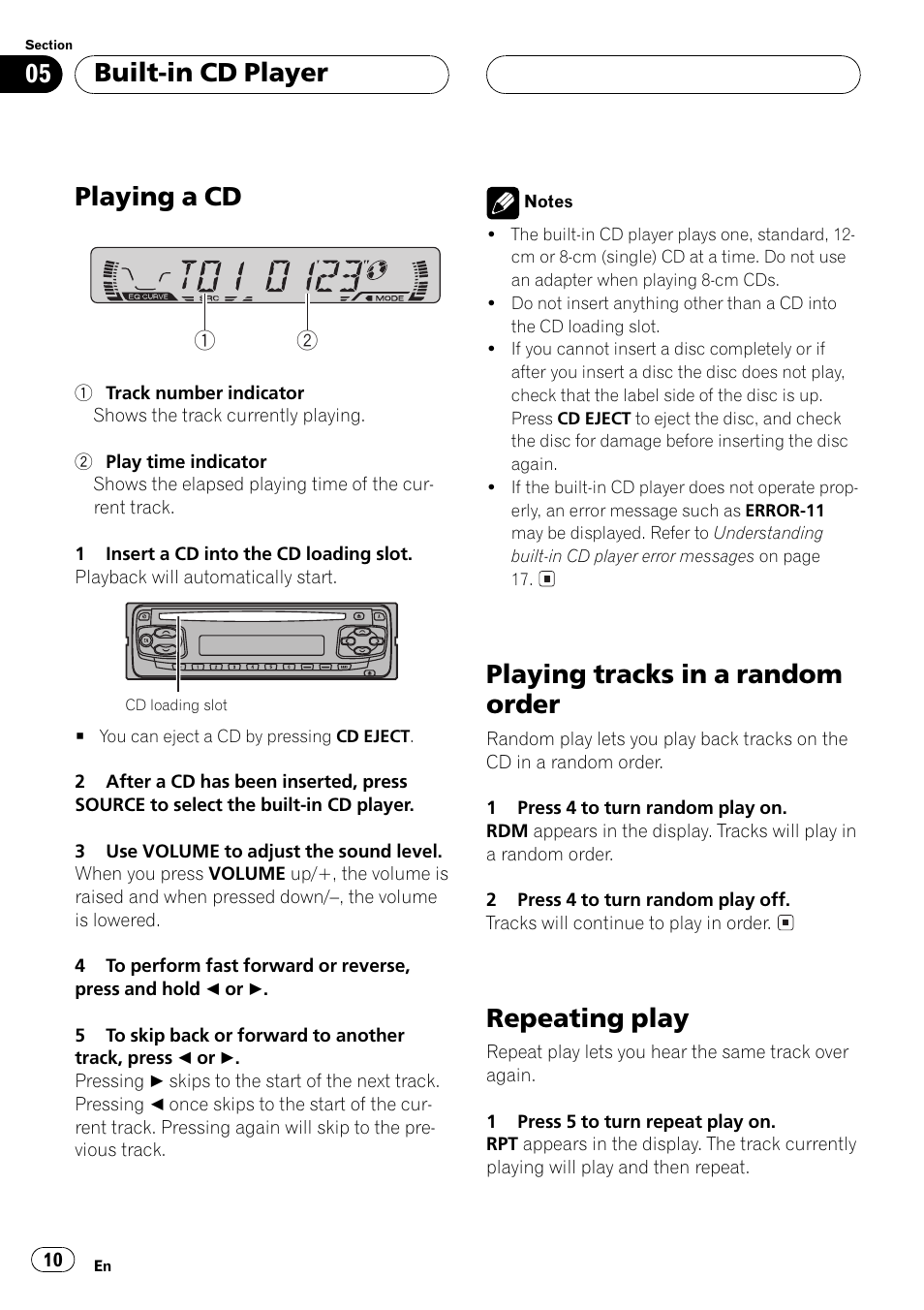 Playing a cd, Playing tracks in a random order, Repeating play | Built-in cd player | Pioneer DEH-15 User Manual | Page 10 / 28