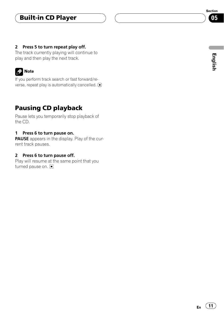 Pausing cd playback, Built-in cd player | Pioneer DEH-15 User Manual | Page 11 / 28
