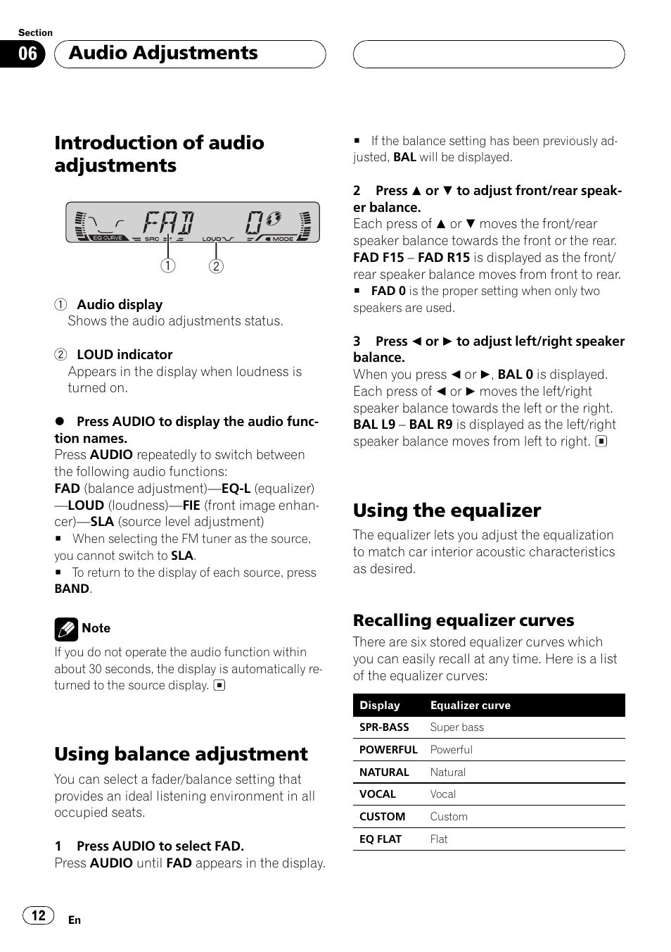 Audio adjustments, Introduction of audio adjustments, Using balance adjustment | Using the equalizer, Recalling equalizer curves | Pioneer DEH-15 User Manual | Page 12 / 28