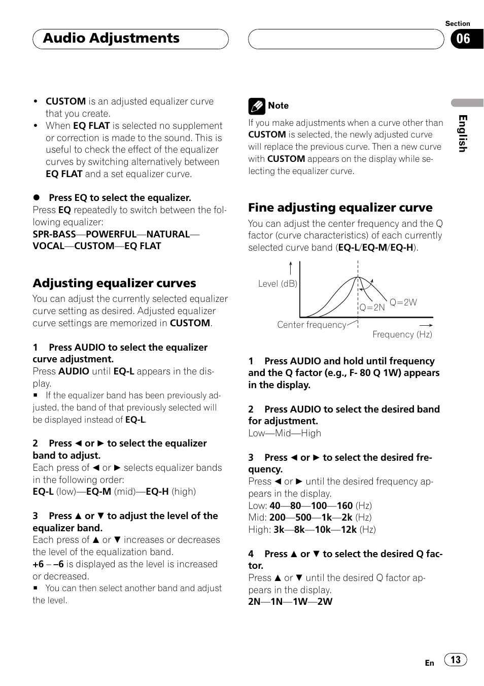 Audio adjustments, Adjusting equalizer curves, Fine adjusting equalizer curve | Pioneer DEH-15 User Manual | Page 13 / 28