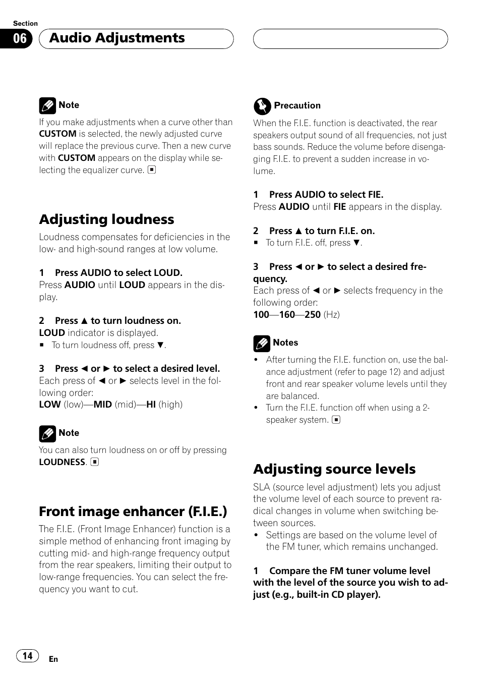 Fie (front image enhancer), Source level adjustment, Adjusting loudness | Front image enhancer (f.i.e.), Adjusting source levels, Audio adjustments | Pioneer DEH-15 User Manual | Page 14 / 28