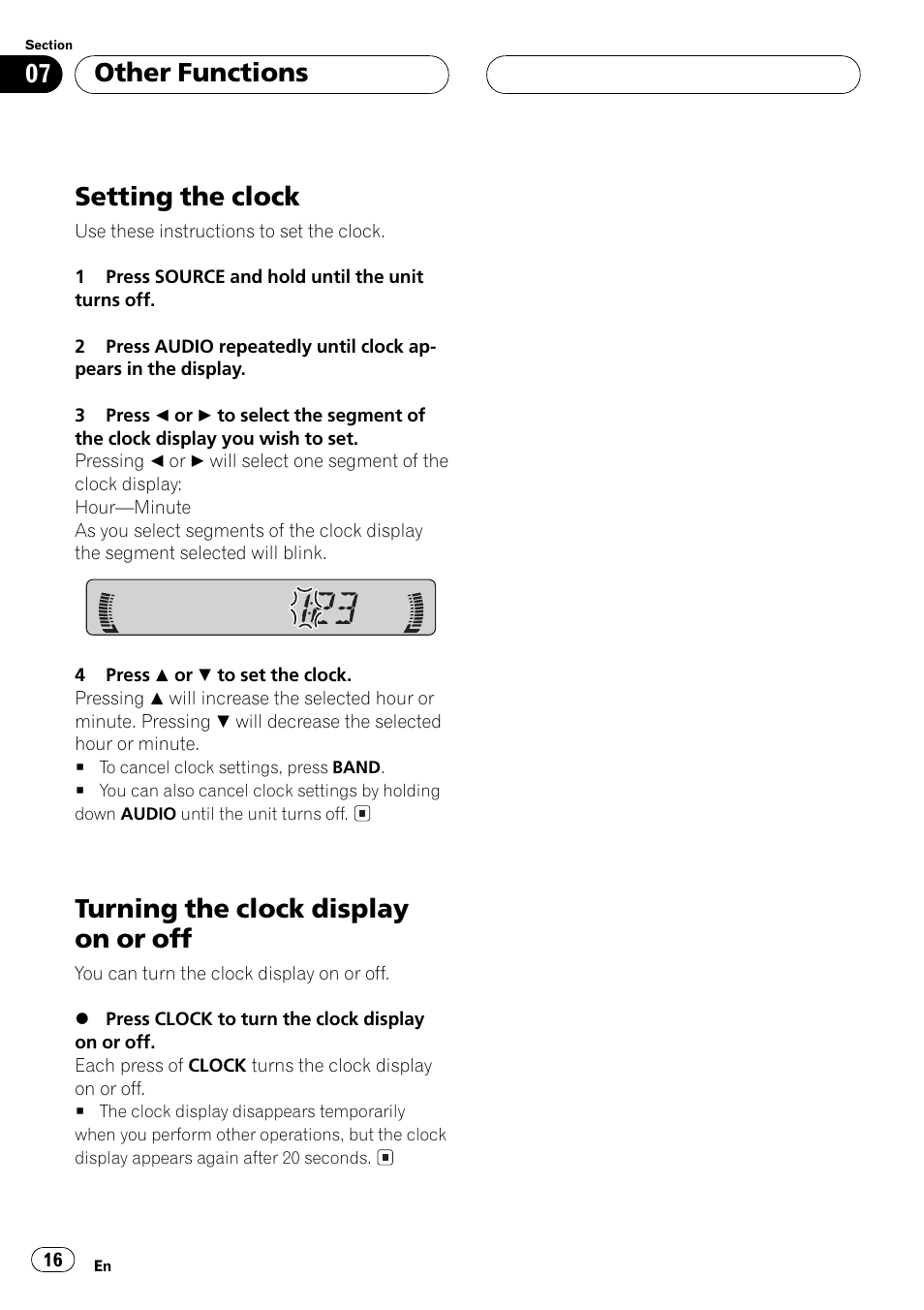 Setting the clock, Turning the clock display on or off, Other functions | Pioneer DEH-15 User Manual | Page 16 / 28