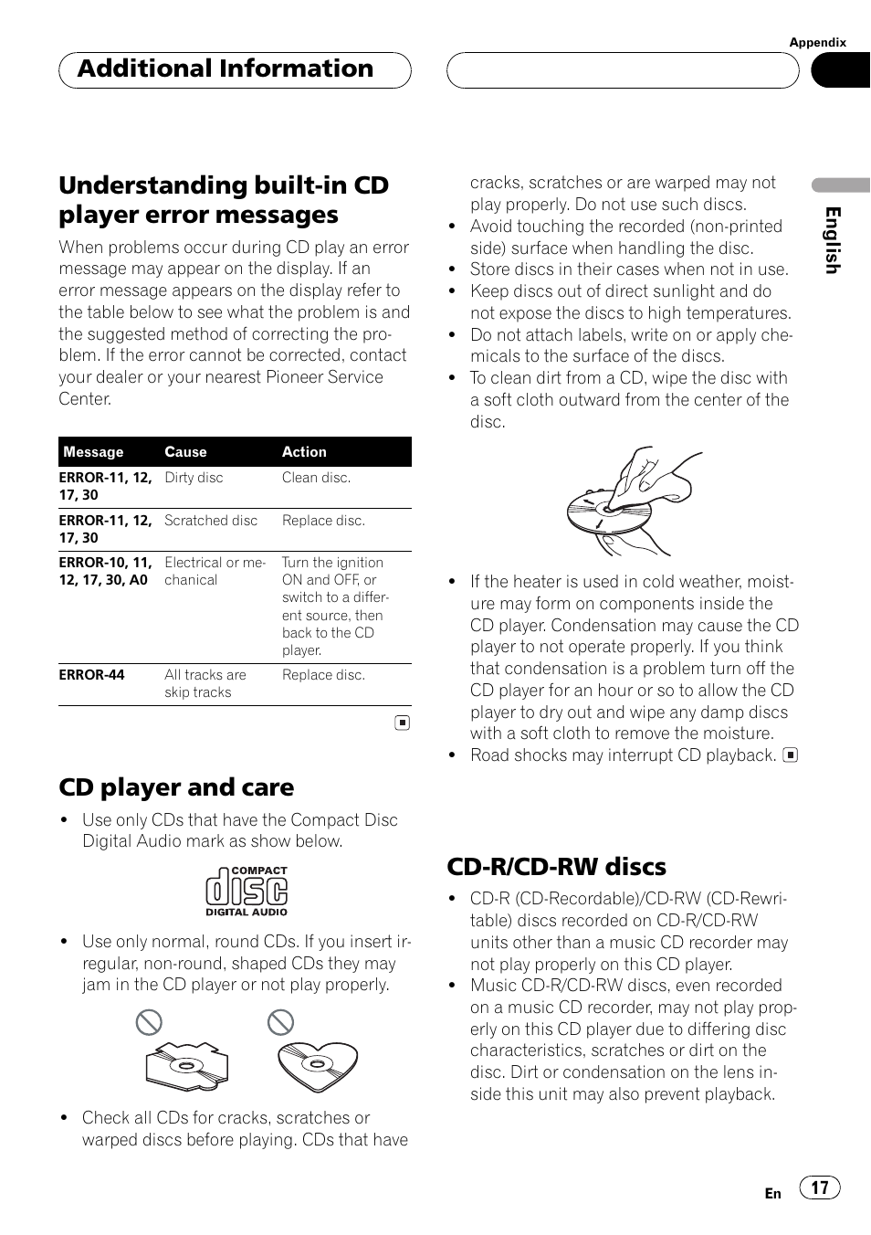 Error messages, Understanding built-in cd player error messages, Cd player and care | Cd-r/cd-rw discs, Additional information | Pioneer DEH-15 User Manual | Page 17 / 28