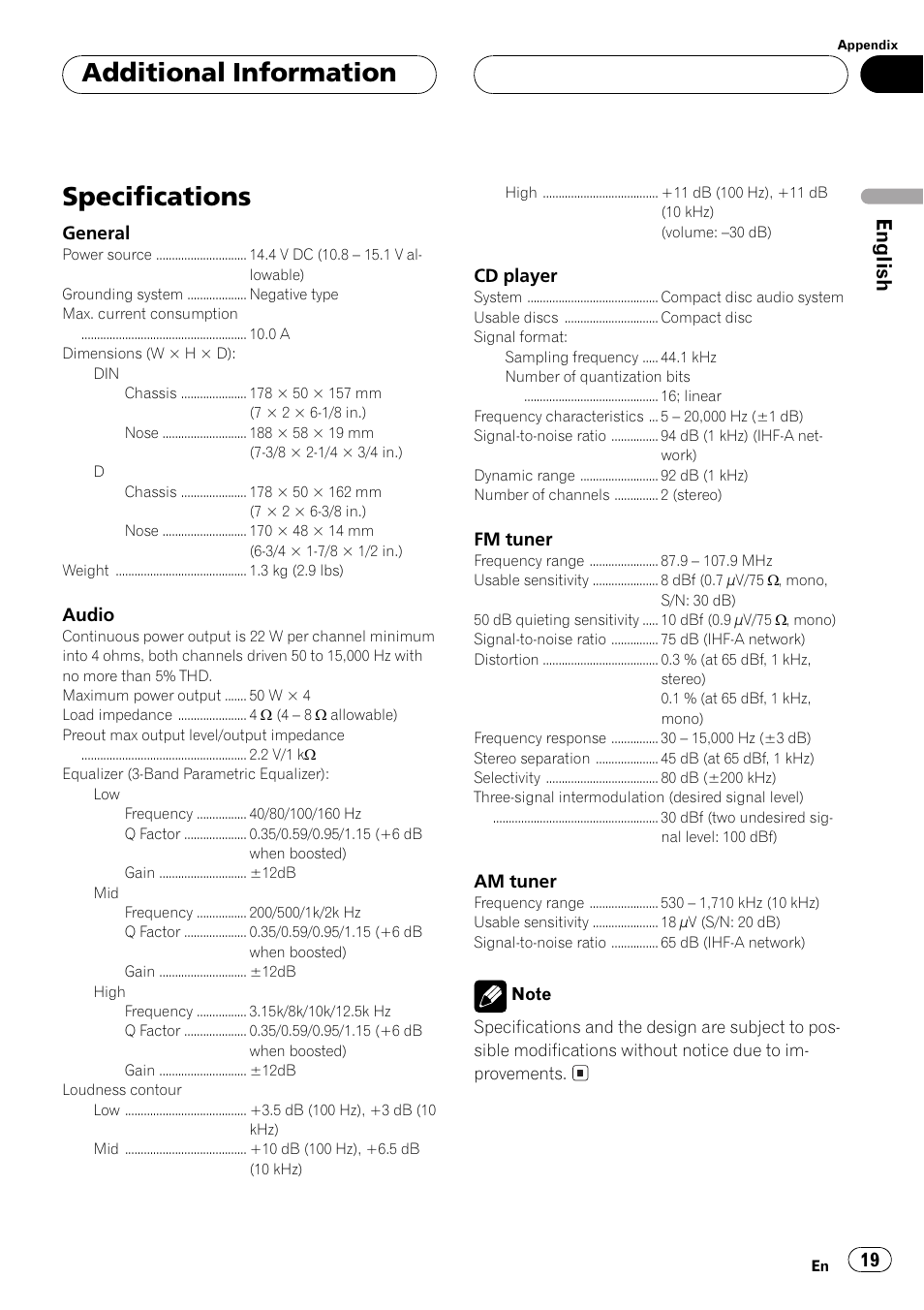 Specs, Specifications, Additional information | English | Pioneer DEH-15 User Manual | Page 19 / 28