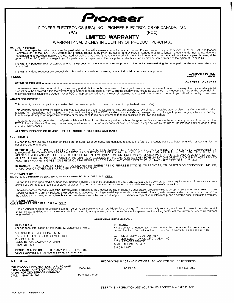 Warranty | Pioneer DEH-15 User Manual | Page 28 / 28