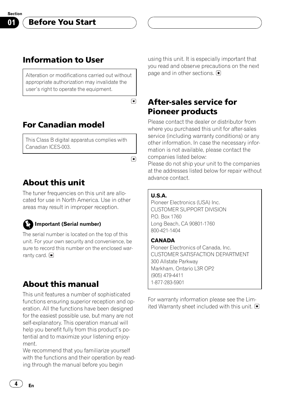 Information to user, For canadian model, About this unit | About this manual, After-sales service for pioneer products, Before you start | Pioneer DEH-15 User Manual | Page 4 / 28