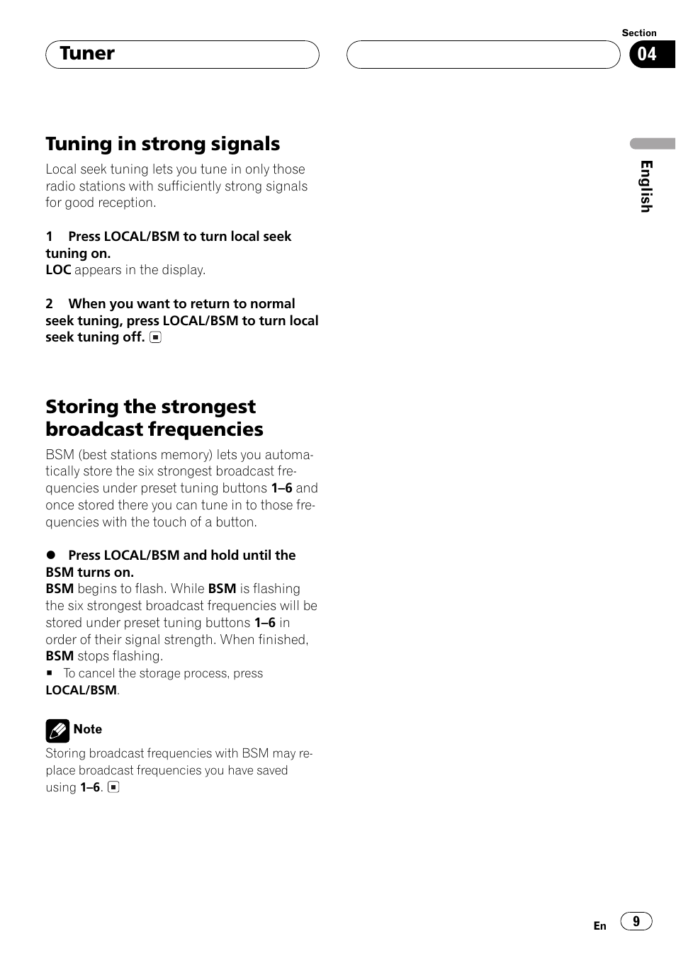 Bsm (best station memory), Tuning in strong signals, Storing the strongest broadcast frequencies | Tuner | Pioneer DEH-15 User Manual | Page 9 / 28
