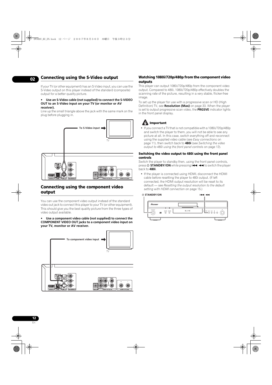 Connecting using the s-video output, Connecting using the component video output | Pioneer DV58AV_KU_EN User Manual | Page 12 / 48