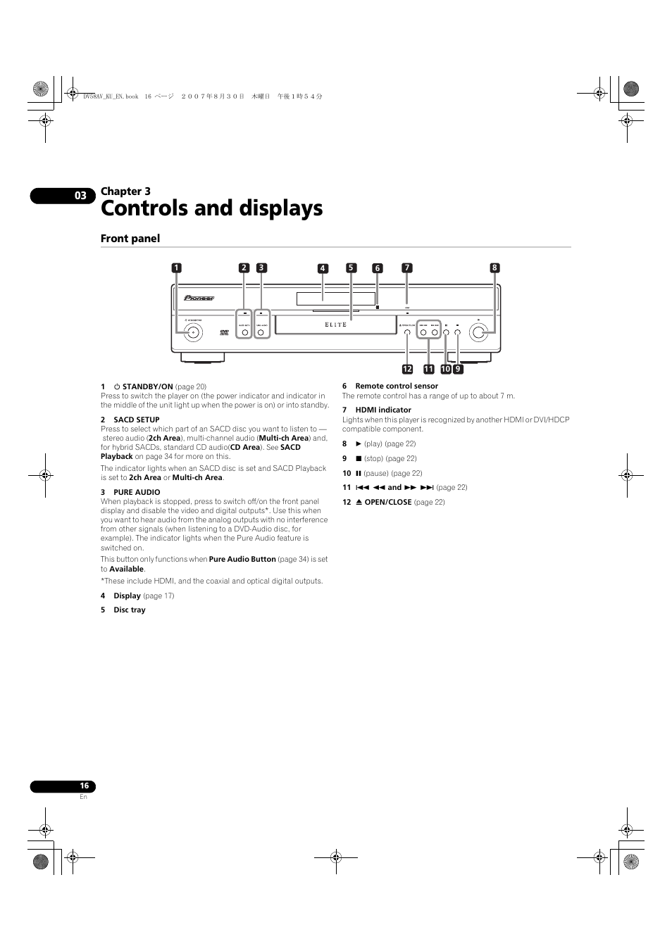 03 controls and displays, Front panel, Controls and displays | Chapter 3 | Pioneer DV58AV_KU_EN User Manual | Page 16 / 48