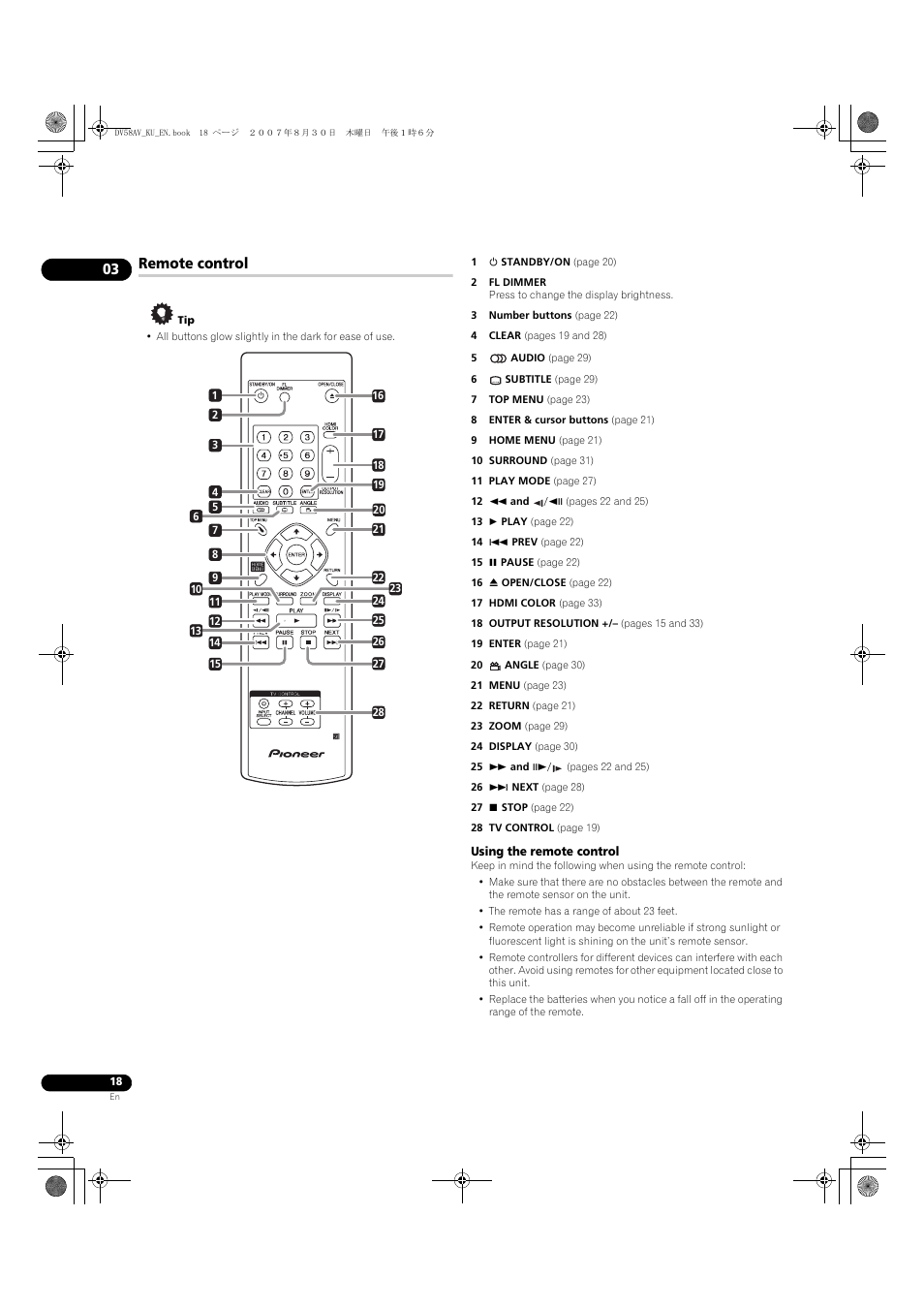 Remote control | Pioneer DV58AV_KU_EN User Manual | Page 18 / 48