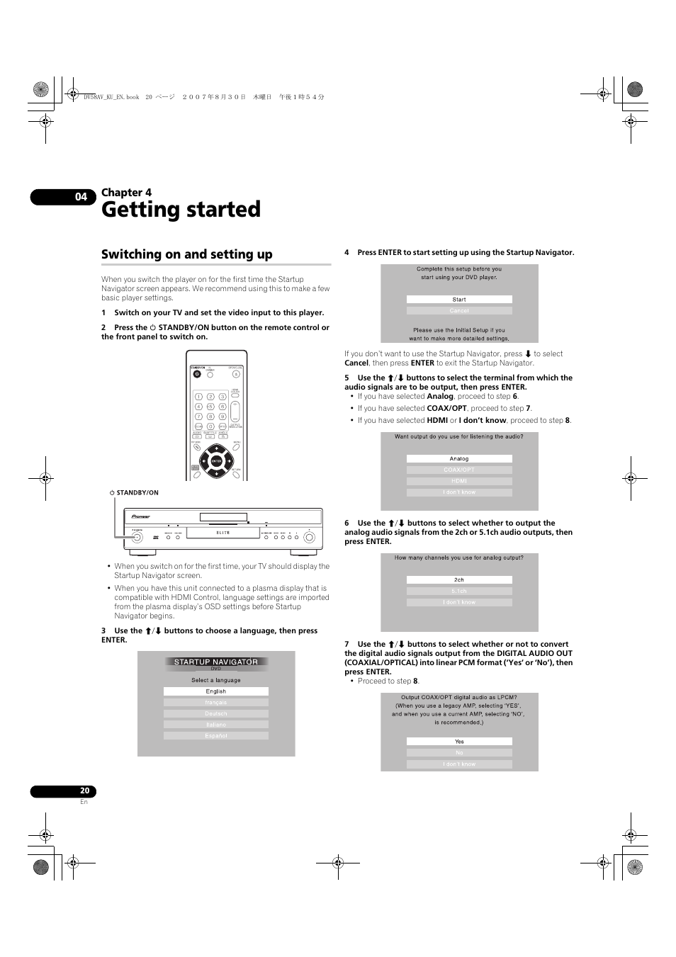 04 getting started, Switching on and setting up, Getting started | Pioneer DV58AV_KU_EN User Manual | Page 20 / 48