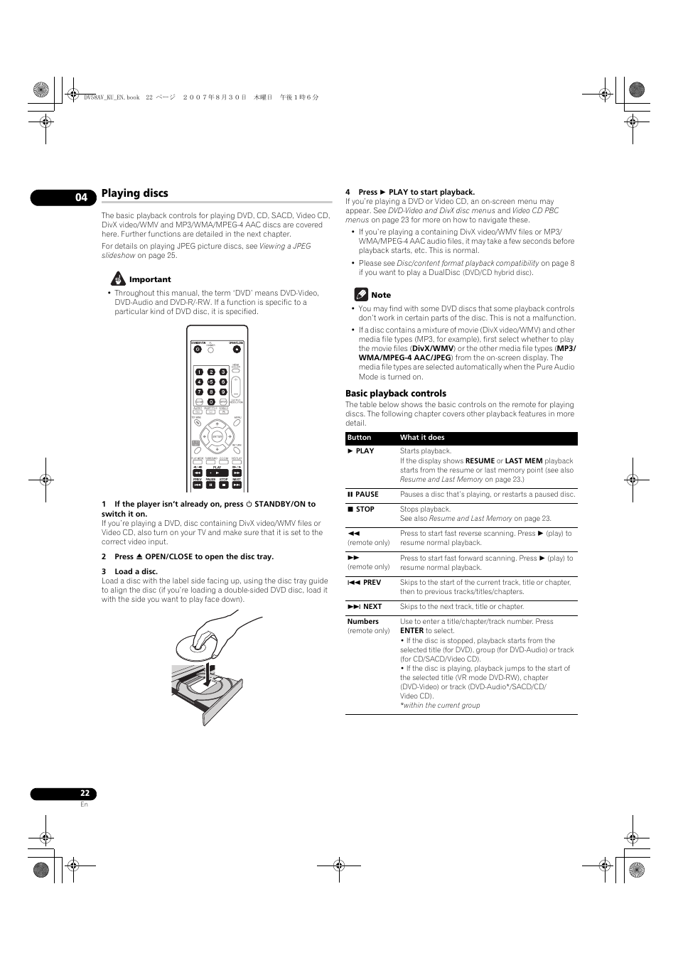 Playing discs | Pioneer DV58AV_KU_EN User Manual | Page 22 / 48